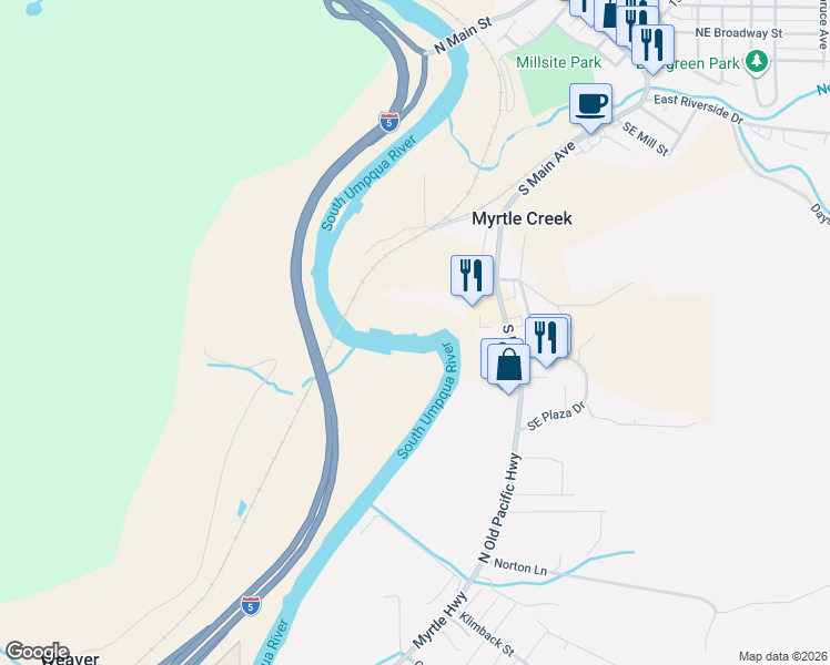 map of restaurants, bars, coffee shops, grocery stores, and more near North Main Street in Myrtle Creek
