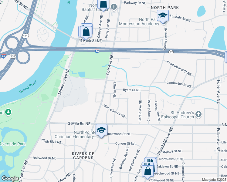 map of restaurants, bars, coffee shops, grocery stores, and more near 617 Wright Street Northeast in Grand Rapids