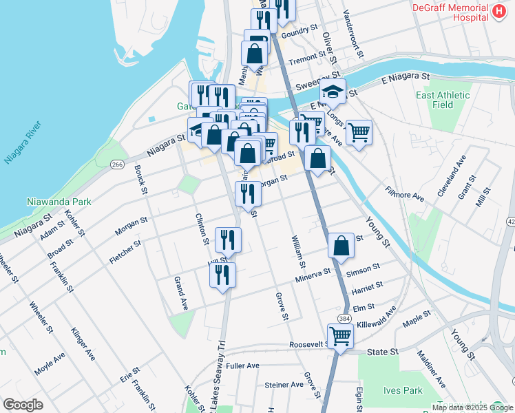 map of restaurants, bars, coffee shops, grocery stores, and more near 124 Fletcher Street in Tonawanda