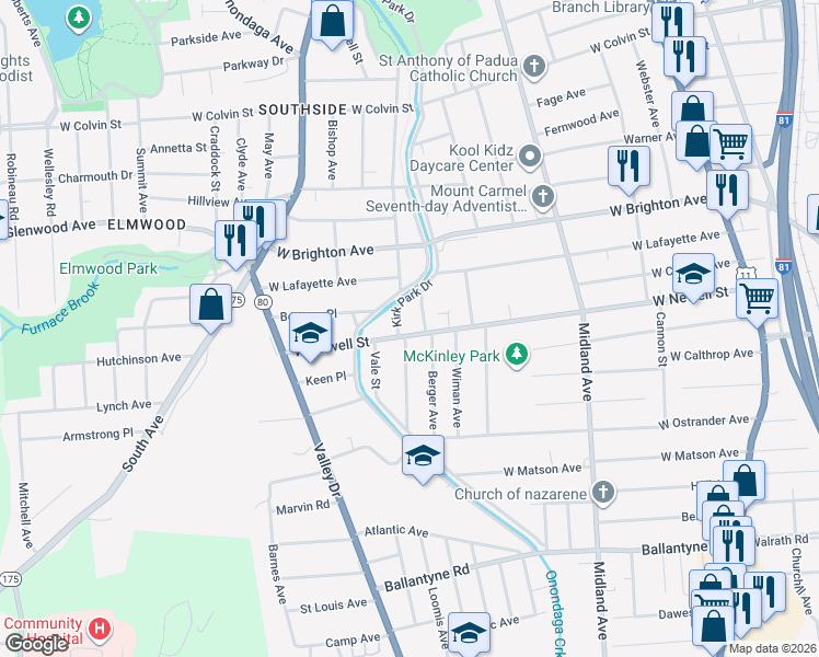 map of restaurants, bars, coffee shops, grocery stores, and more near 606-08 West Newell Street in Syracuse