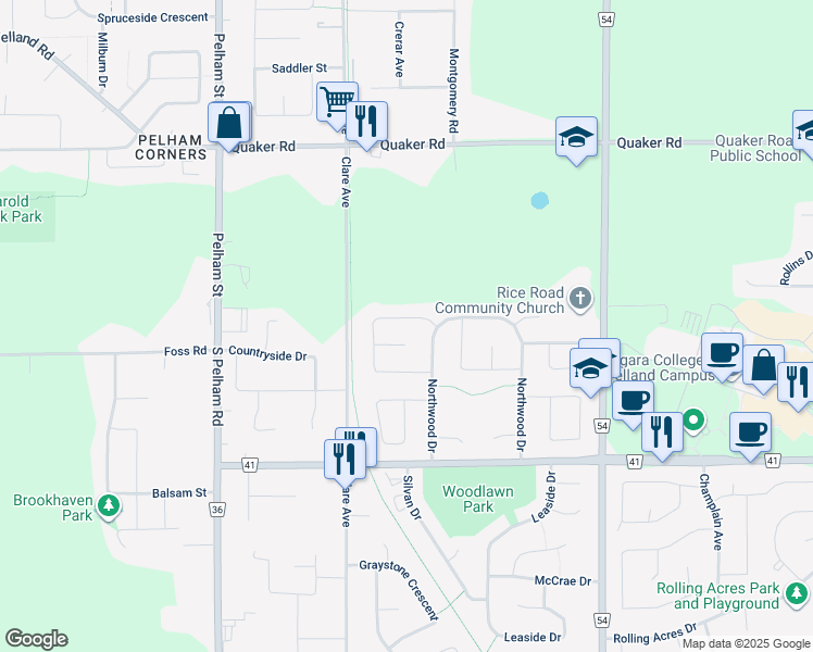 map of restaurants, bars, coffee shops, grocery stores, and more near 124 Briarsdale Crescent in Welland