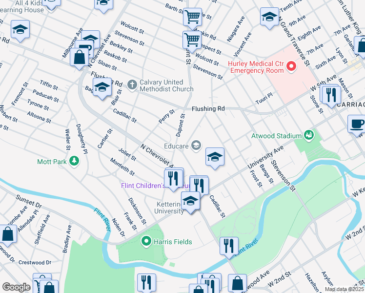 map of restaurants, bars, coffee shops, grocery stores, and more near 901 Gladwyn Street in Flint