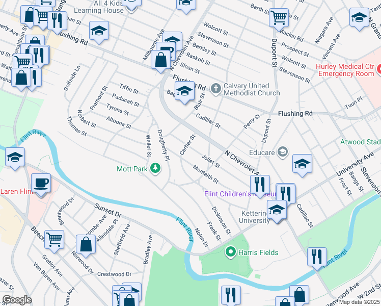 map of restaurants, bars, coffee shops, grocery stores, and more near 2229 Joliet Street in Flint