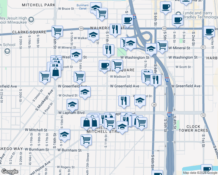 map of restaurants, bars, coffee shops, grocery stores, and more near in Milwaukee