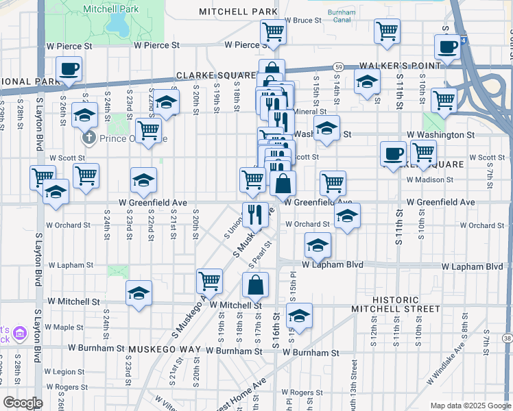 map of restaurants, bars, coffee shops, grocery stores, and more near 1645 West Greenfield Avenue in Milwaukee