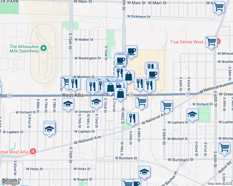 map of restaurants, bars, coffee shops, grocery stores, and more near in West Allis