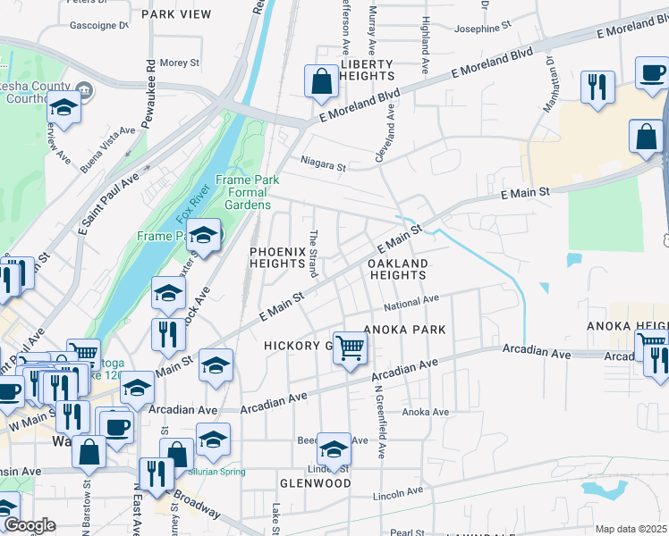 map of restaurants, bars, coffee shops, grocery stores, and more near 1002 East Main Street in Waukesha
