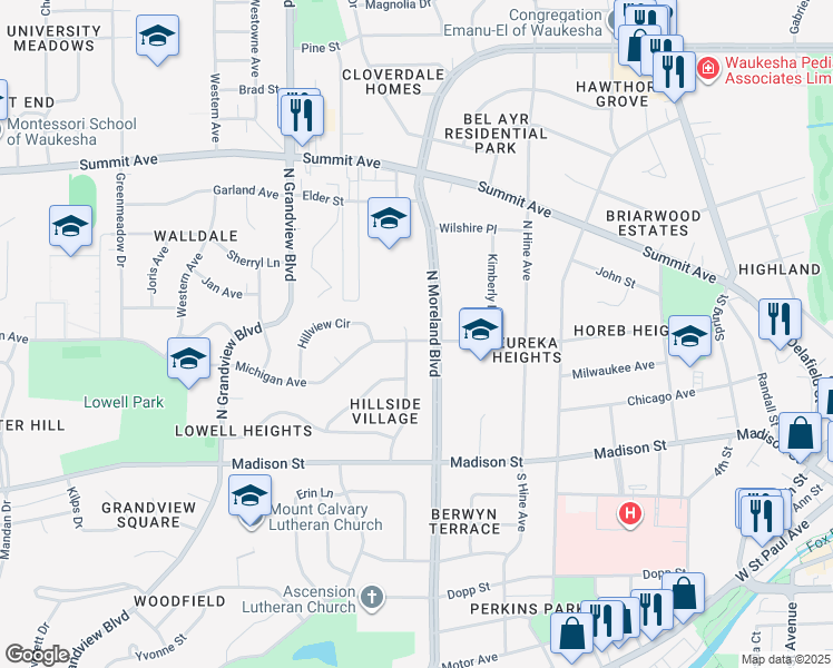 map of restaurants, bars, coffee shops, grocery stores, and more near 405 Carriage Drive in Waukesha