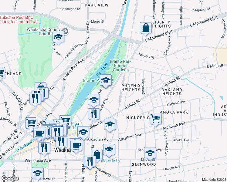 map of restaurants, bars, coffee shops, grocery stores, and more near 1165 White Rock Avenue in Waukesha