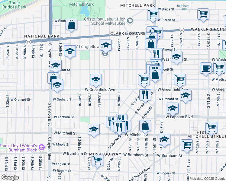 map of restaurants, bars, coffee shops, grocery stores, and more near 2022 West Greenfield Avenue in Milwaukee