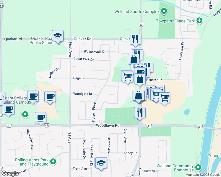 map of restaurants, bars, coffee shops, grocery stores, and more near 13 Wychwood Road in Welland