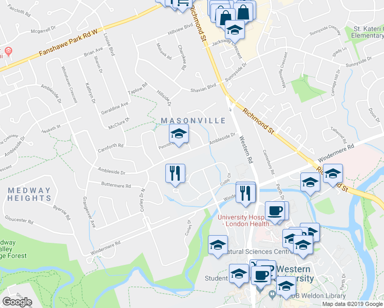 map of restaurants, bars, coffee shops, grocery stores, and more near 75 Ambleside Drive in London