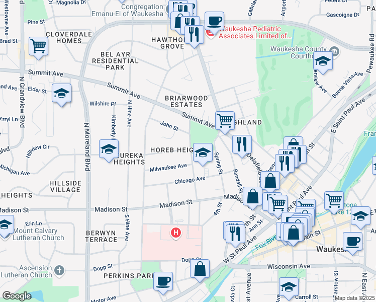 map of restaurants, bars, coffee shops, grocery stores, and more near 322 Hyde Park Avenue in Waukesha