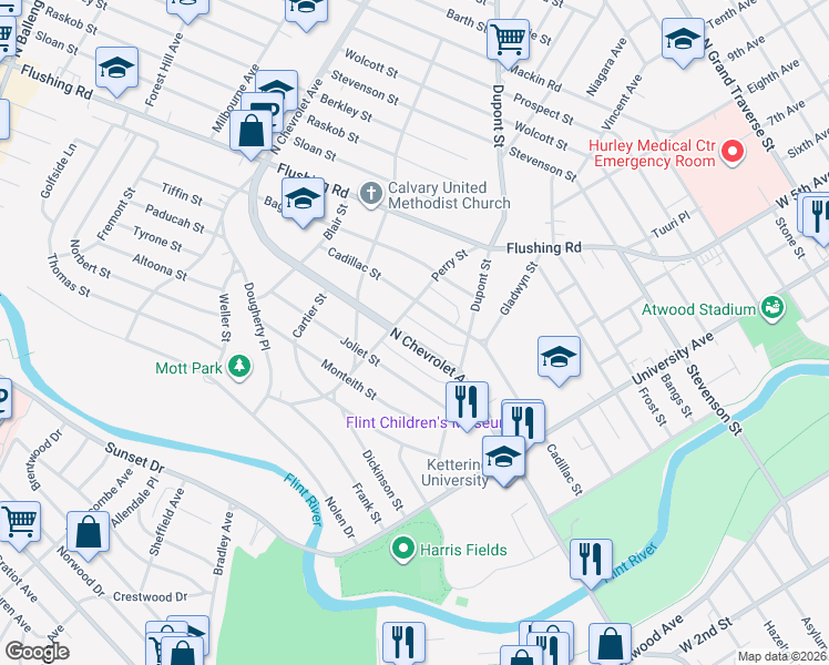 map of restaurants, bars, coffee shops, grocery stores, and more near 812 North Chevrolet Avenue in Flint