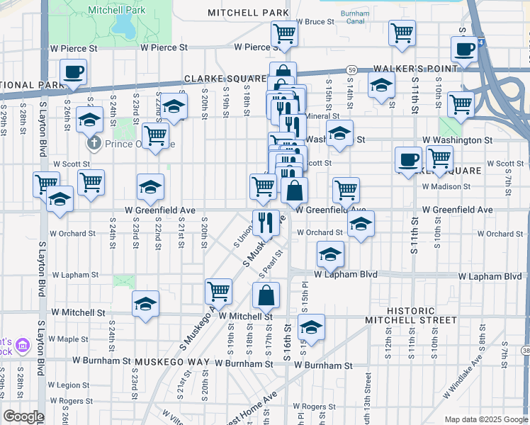 map of restaurants, bars, coffee shops, grocery stores, and more near 1645 West Greenfield Avenue in Milwaukee