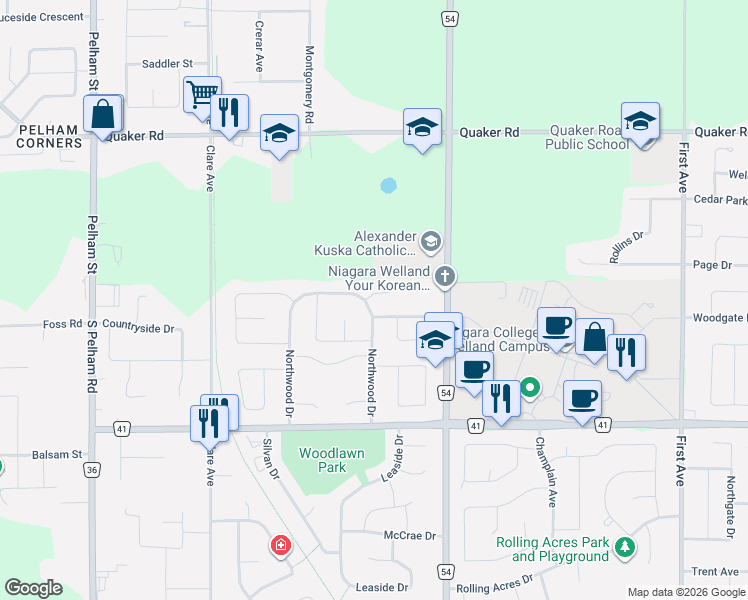 map of restaurants, bars, coffee shops, grocery stores, and more near 177 Northwood Drive in Welland