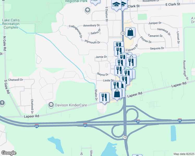 map of restaurants, bars, coffee shops, grocery stores, and more near 9444 Rayna Drive in Davison