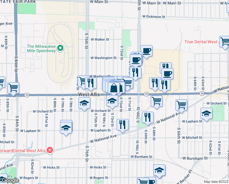 map of restaurants, bars, coffee shops, grocery stores, and more near 7240 West Greenfield Avenue in West Allis