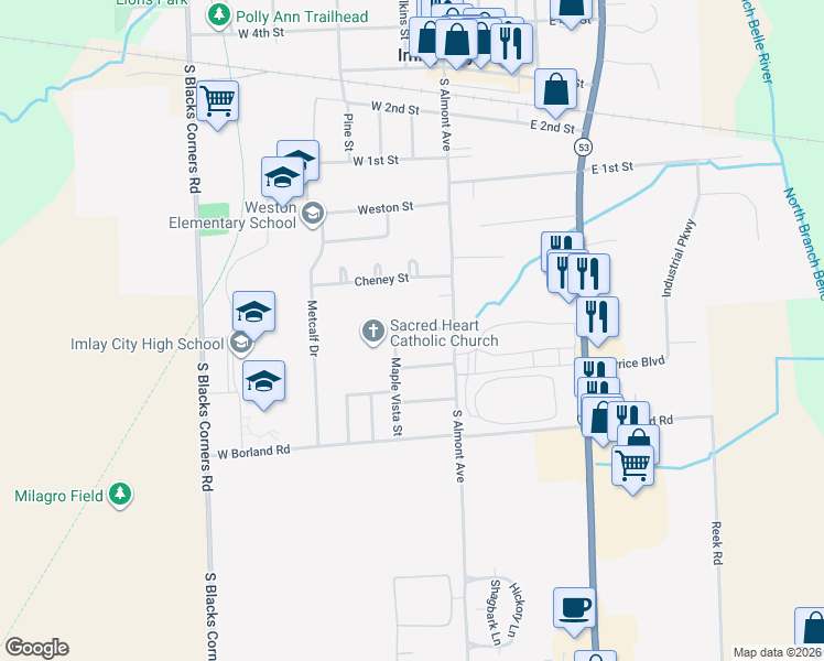 map of restaurants, bars, coffee shops, grocery stores, and more near 170 Titus Street in Imlay City