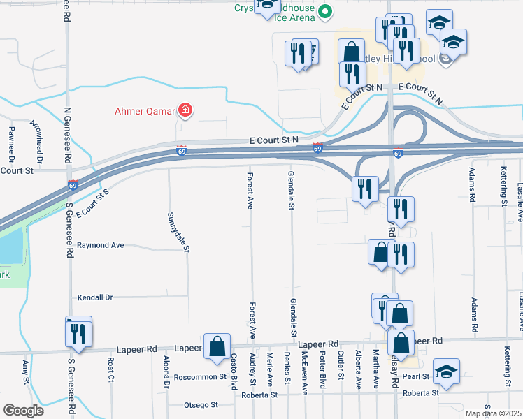 map of restaurants, bars, coffee shops, grocery stores, and more near 1071 Forest Avenue in Burton