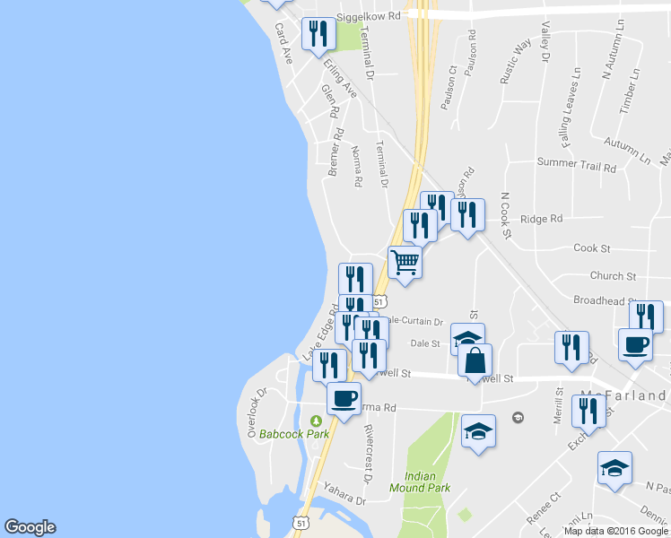 map of restaurants, bars, coffee shops, grocery stores, and more near 5618 Lake Edge Rd in McFarland