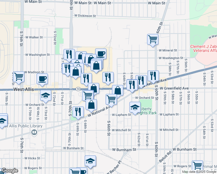 map of restaurants, bars, coffee shops, grocery stores, and more near 6610 West Greenfield Avenue in West Allis