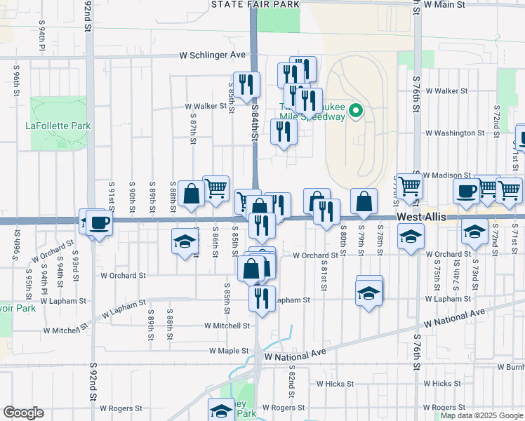 map of restaurants, bars, coffee shops, grocery stores, and more near in West Allis
