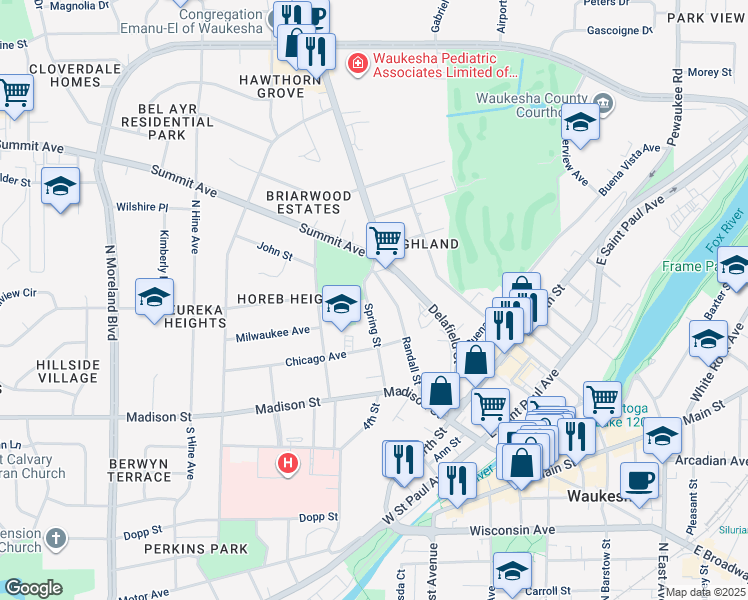 map of restaurants, bars, coffee shops, grocery stores, and more near 319 Spring Street in Waukesha