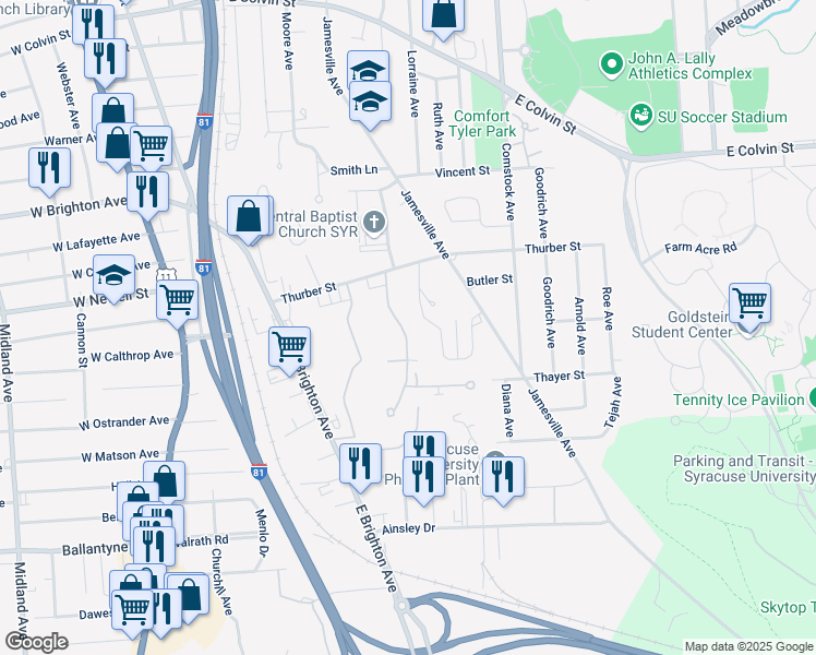 map of restaurants, bars, coffee shops, grocery stores, and more near 117 Remington Avenue in Syracuse