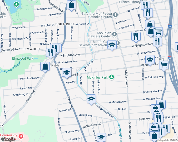 map of restaurants, bars, coffee shops, grocery stores, and more near 606-08 West Newell Street in Syracuse