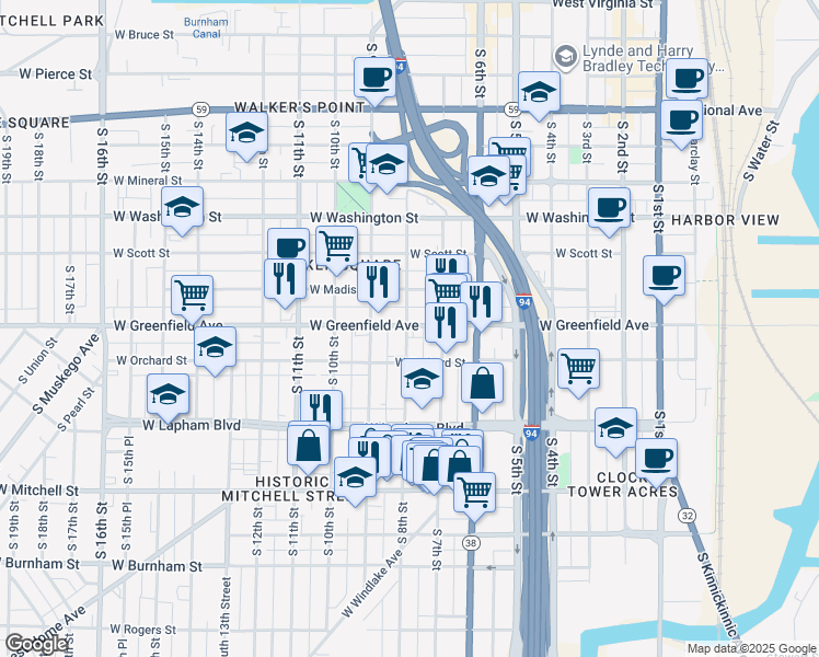 map of restaurants, bars, coffee shops, grocery stores, and more near 739 West Greenfield Avenue in Milwaukee
