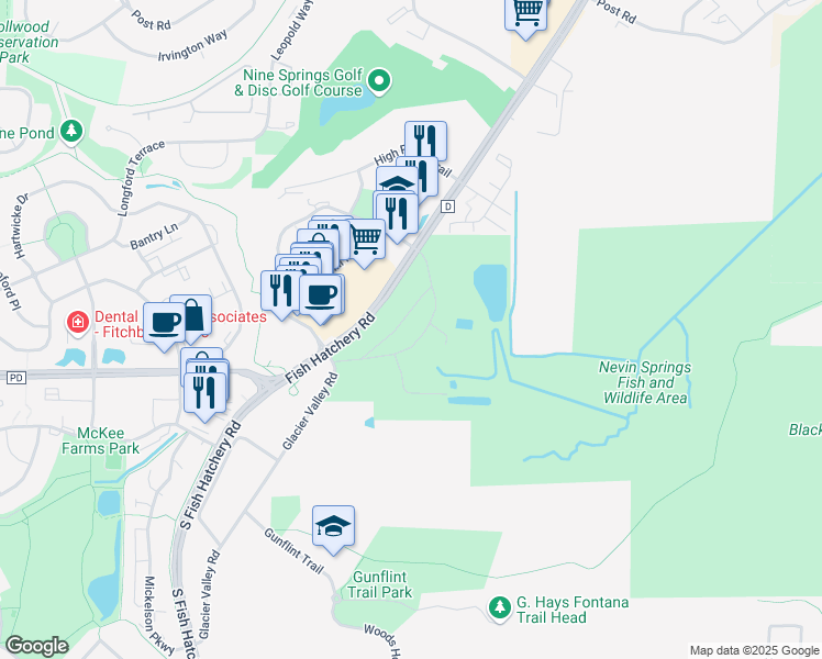 map of restaurants, bars, coffee shops, grocery stores, and more near 3911 Fish Hatchery Road in Fitchburg
