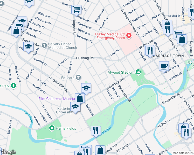 map of restaurants, bars, coffee shops, grocery stores, and more near 725 Frost Street in Flint