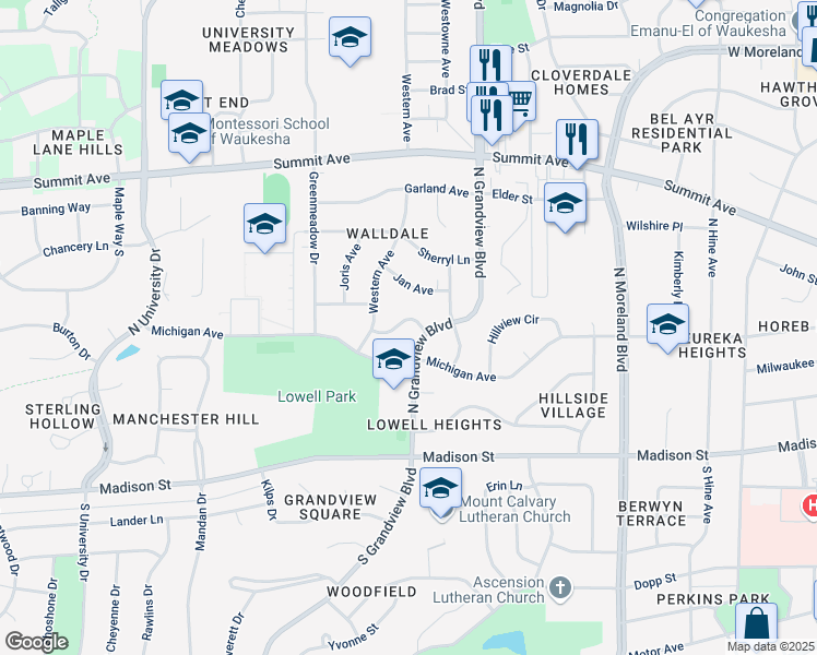 map of restaurants, bars, coffee shops, grocery stores, and more near 1963 Cascade Dr in Waukesha