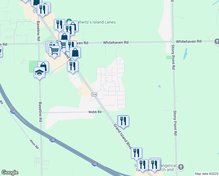 map of restaurants, bars, coffee shops, grocery stores, and more near 304 Island Pass in Grand Island