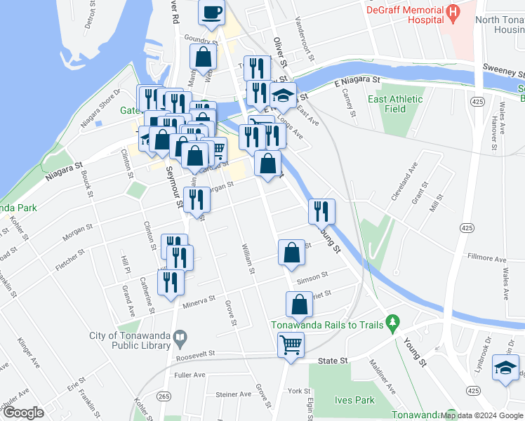 map of restaurants, bars, coffee shops, grocery stores, and more near 80 Delaware Street in Tonawanda