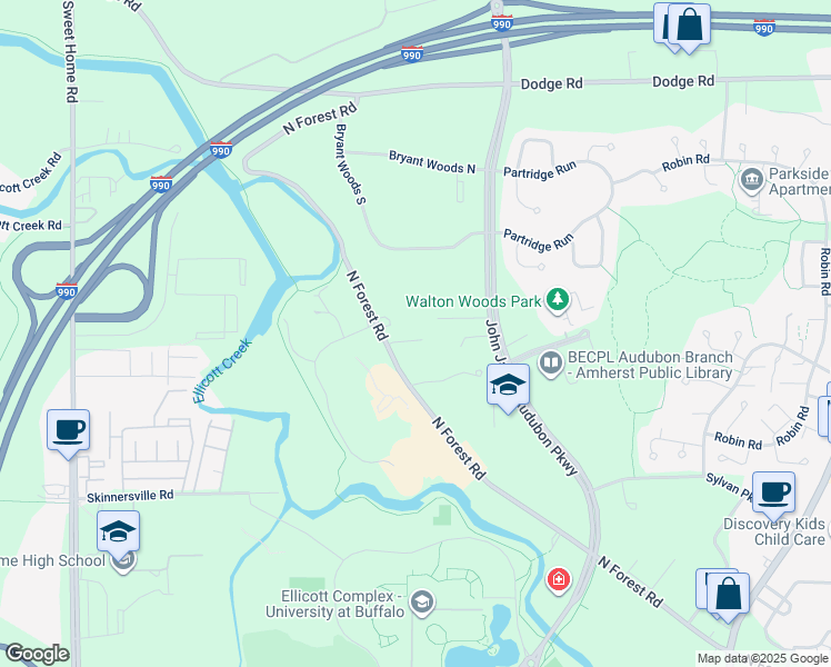 map of restaurants, bars, coffee shops, grocery stores, and more near 2775 North Forest Road in Getzville