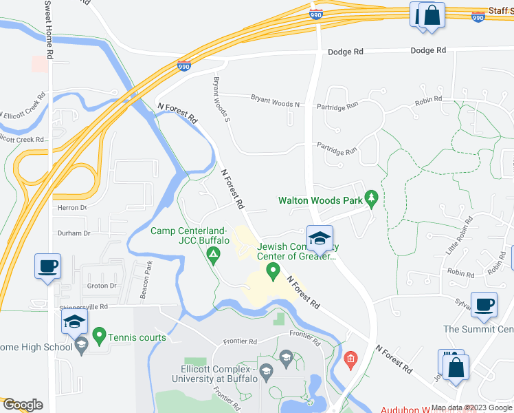 map of restaurants, bars, coffee shops, grocery stores, and more near 2775 North Forest Road in Getzville