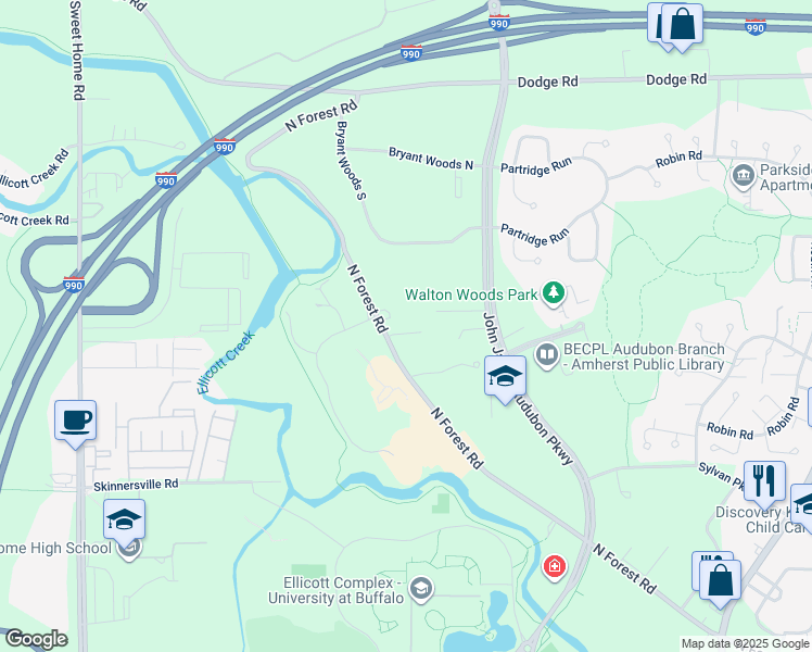 map of restaurants, bars, coffee shops, grocery stores, and more near 2755 North Forest Road in Getzville