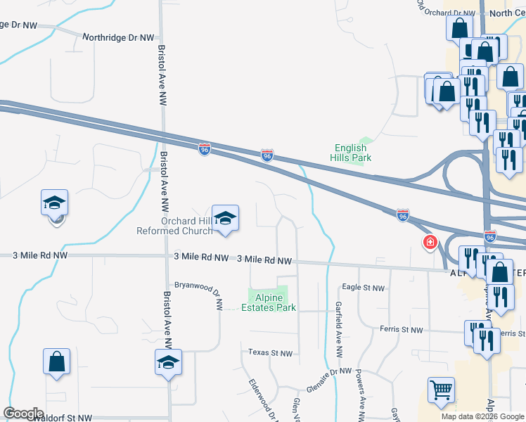 map of restaurants, bars, coffee shops, grocery stores, and more near 2930 Vistaview Ct NW in Grand Rapids
