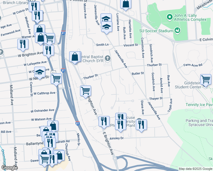 map of restaurants, bars, coffee shops, grocery stores, and more near 124 Remington Avenue in Syracuse