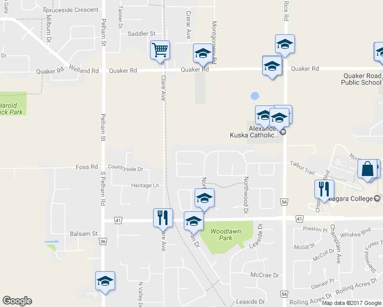 map of restaurants, bars, coffee shops, grocery stores, and more near 124 Briarsdale Crescent in Welland