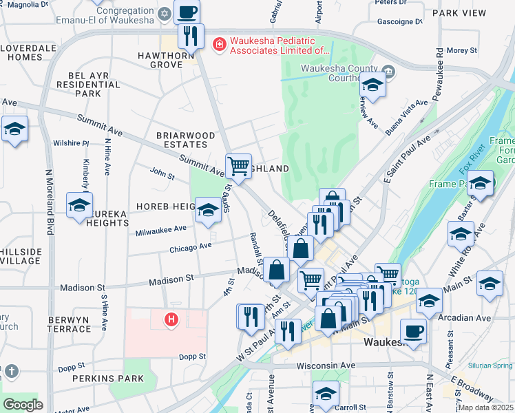 map of restaurants, bars, coffee shops, grocery stores, and more near 400 Delafield Street in Waukesha