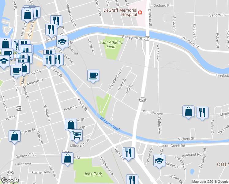 map of restaurants, bars, coffee shops, grocery stores, and more near 17 Grant Street in Tonawanda