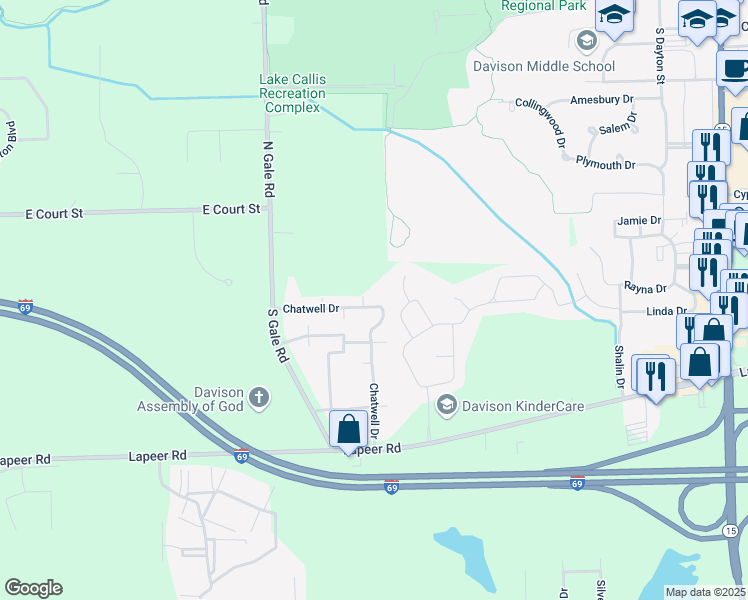 map of restaurants, bars, coffee shops, grocery stores, and more near 9148 Chatwell Drive in Davison