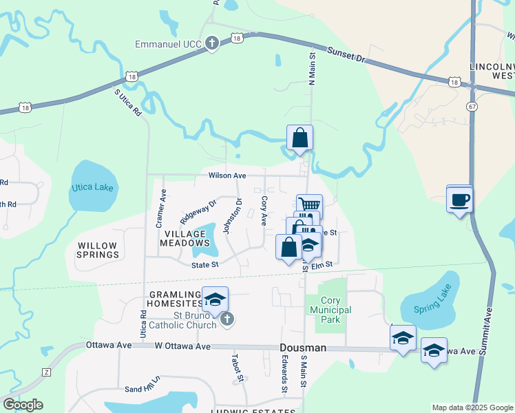 map of restaurants, bars, coffee shops, grocery stores, and more near 247 Cory Avenue in Dousman