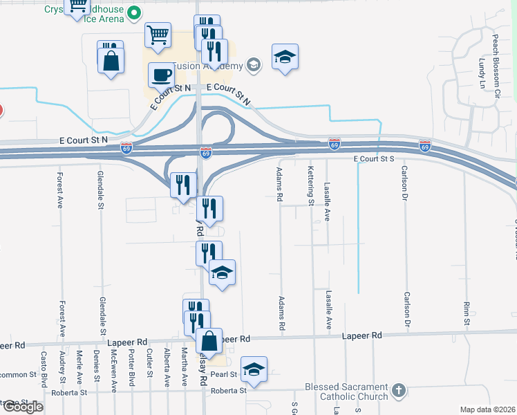 map of restaurants, bars, coffee shops, grocery stores, and more near 1078 Adams Rd in Burton