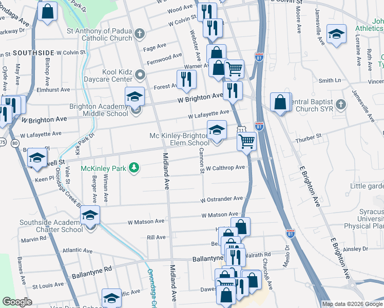 map of restaurants, bars, coffee shops, grocery stores, and more near 208 W Pleasant Ave in Syracuse