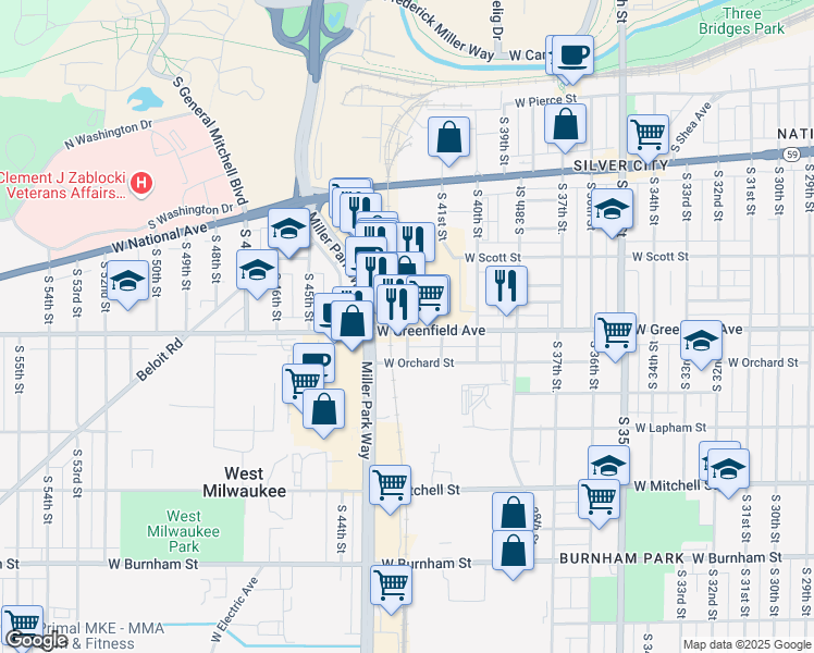 map of restaurants, bars, coffee shops, grocery stores, and more near 4200 West Greenfield Avenue in West Milwaukee
