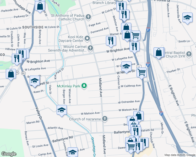 map of restaurants, bars, coffee shops, grocery stores, and more near 315 West Newell Street in Syracuse